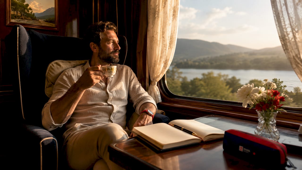 traveler relaxing in luxury train cabin