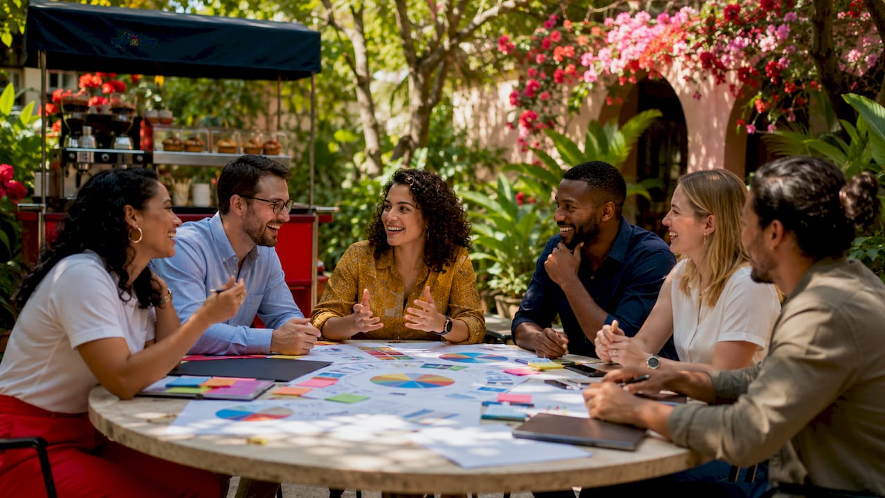 team brainstorming sales reward ideas around table
