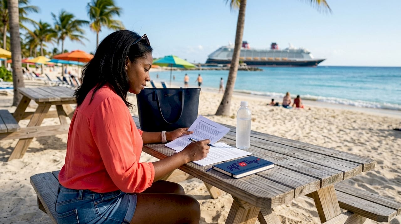 woman reviewing corporate giving documents by pool