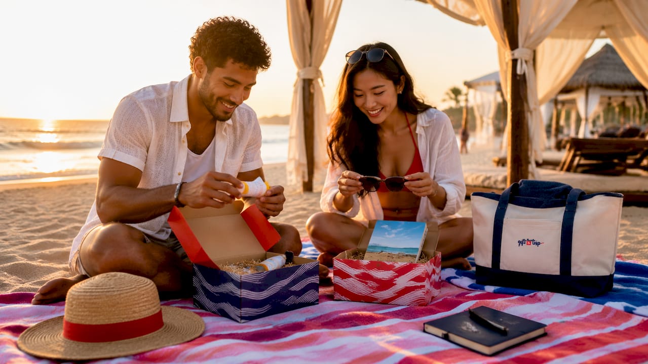 travelers enjoying customizable gift boxes poolside