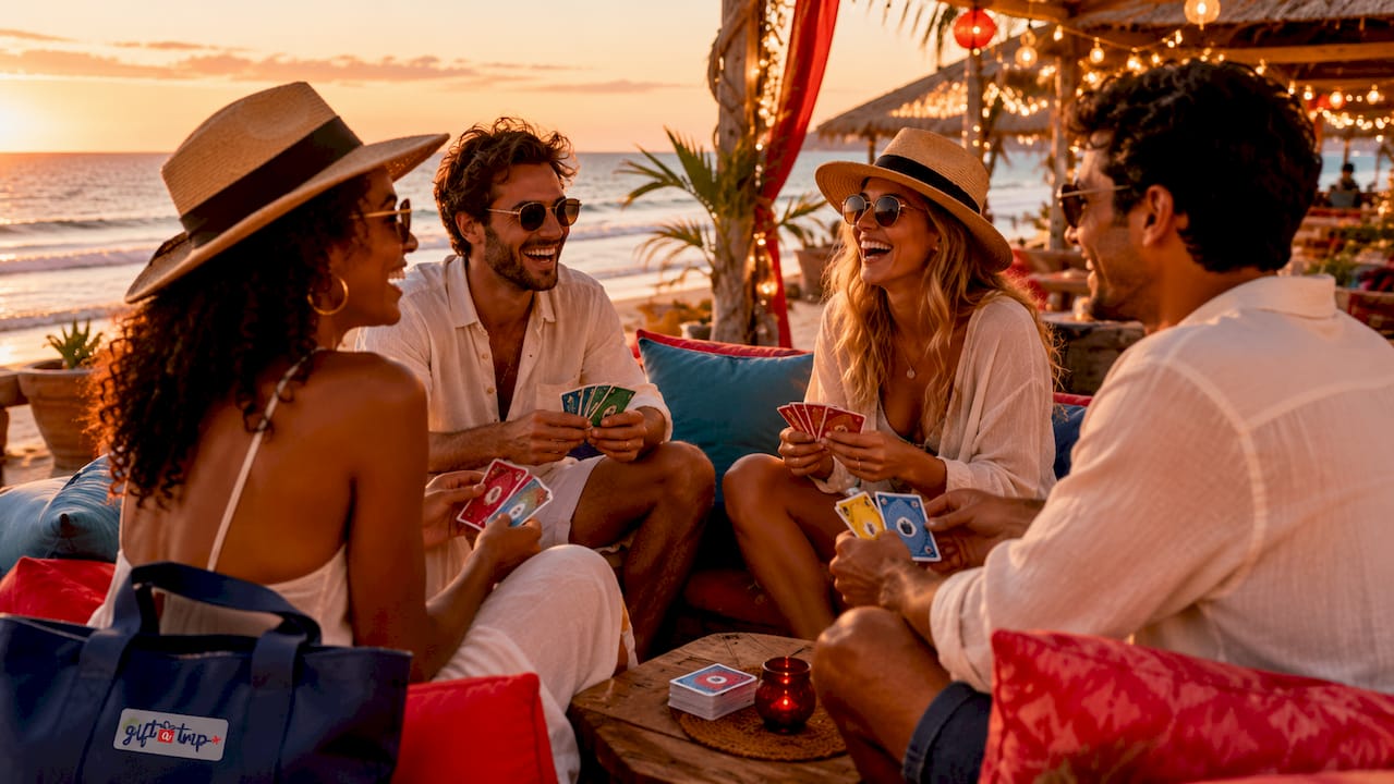office employees celebrating on tropical beach