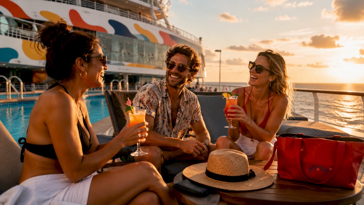 group enjoying cruise ship pool deck vacation
