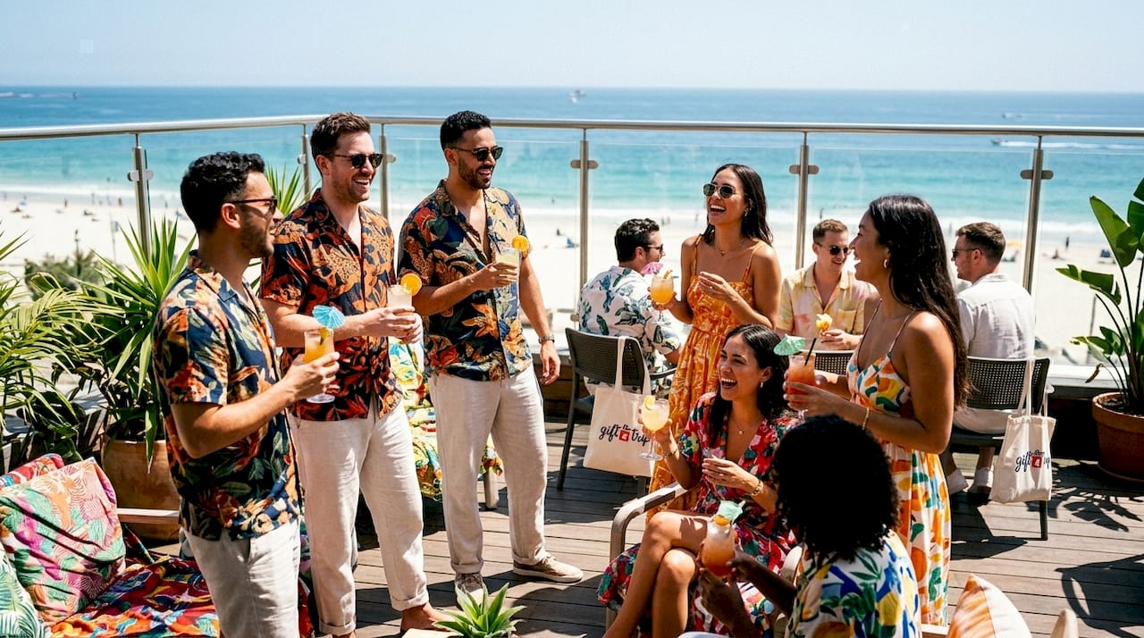 team enjoying tropical resort poolside vacation
