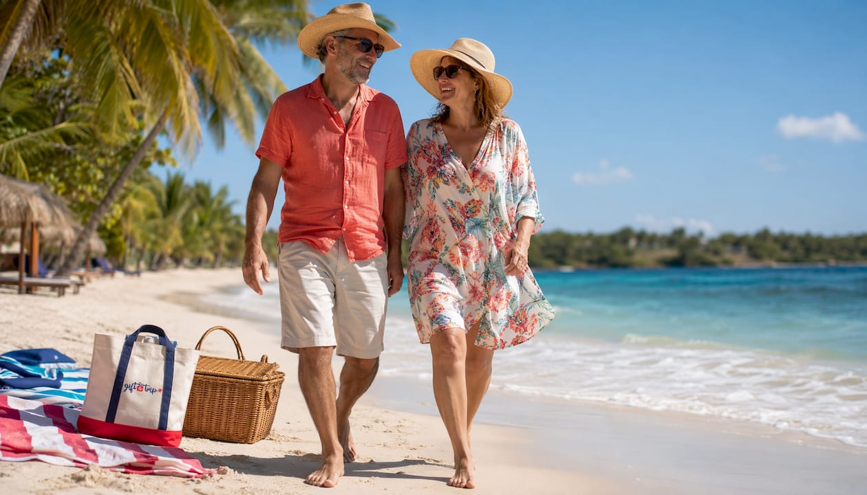 milestone celebration suggestions: top 10 travel gift ideas 3 couple walking on tropical beach at sunset