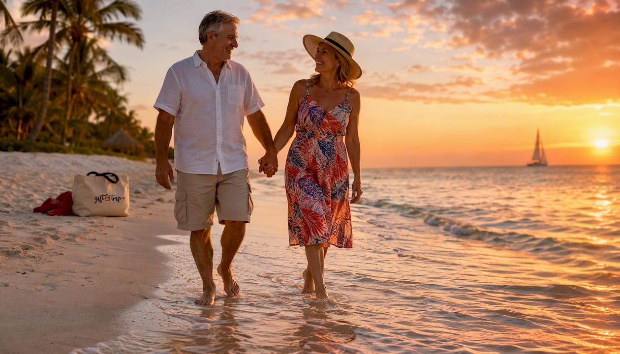 giftcards.aa.com alternatives: top 7 travel certificates 2026 4 couple walking on tropical beach at sunset