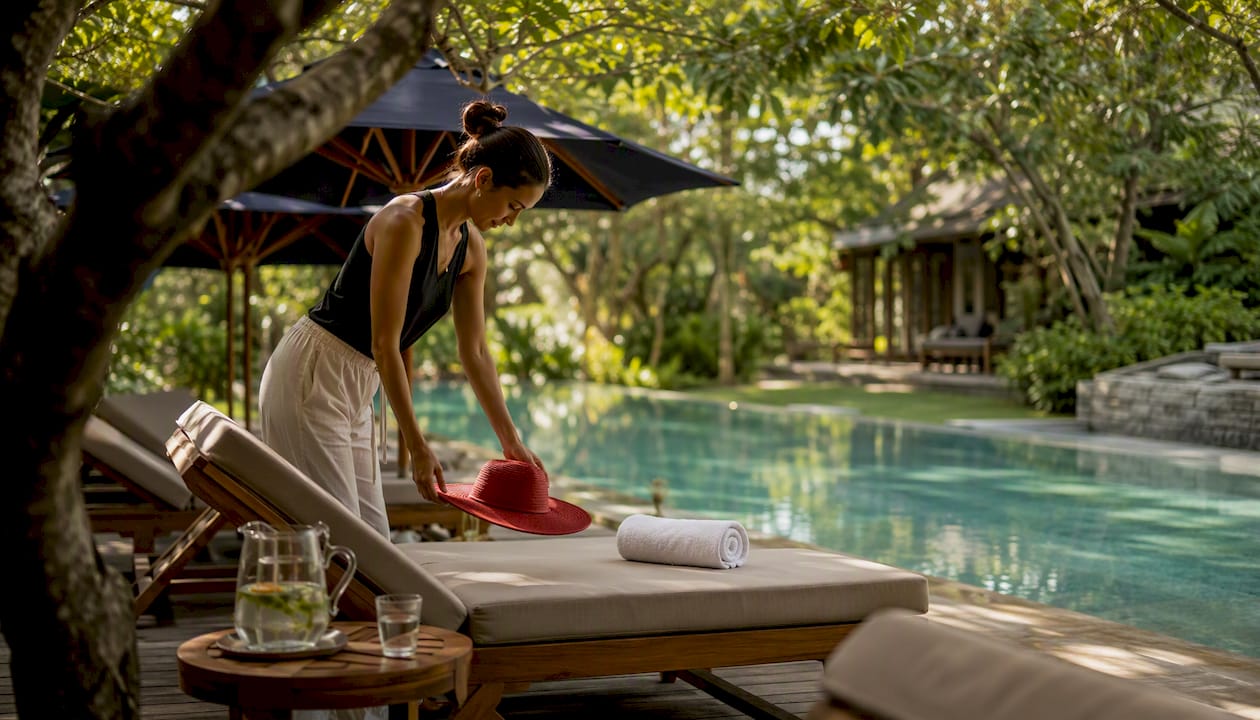 person placing sun hat near resort pool lounge