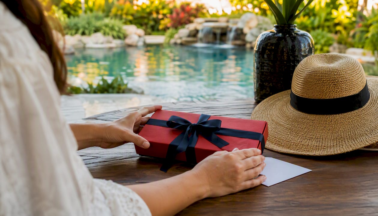 hands placing gift box with travel certificate at resort table