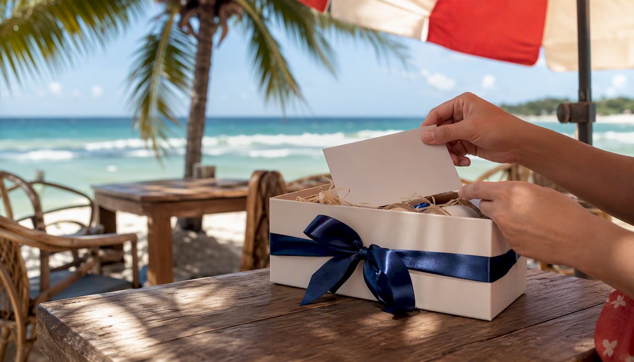 travel gift box being prepared at beach
