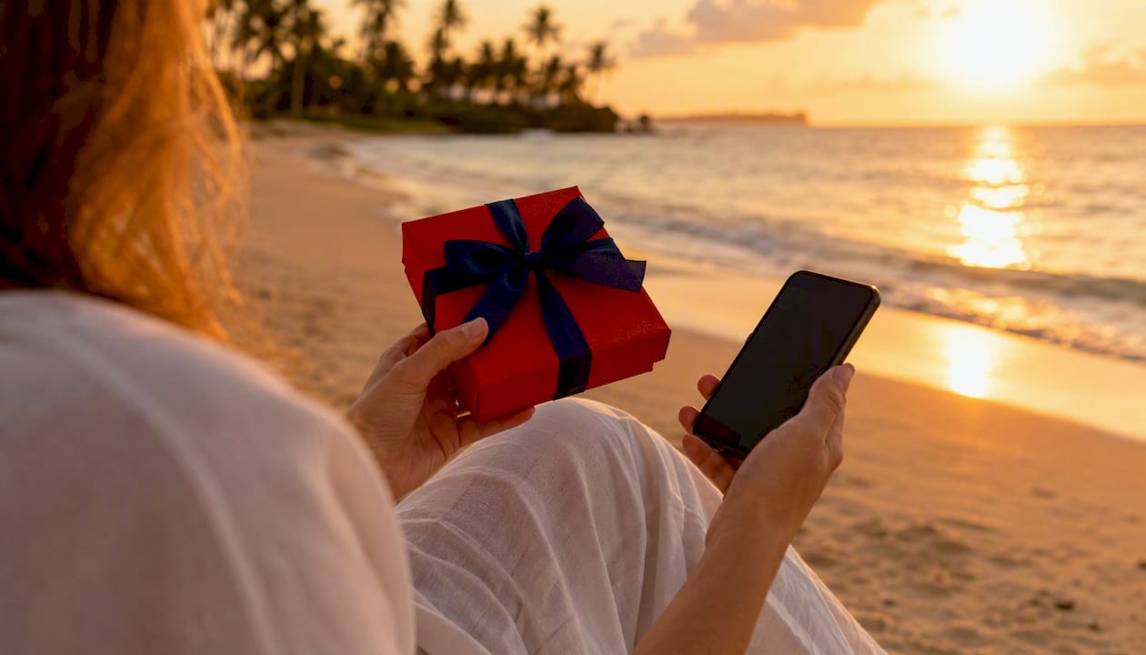 hands holding travel gift certificate by resort pool