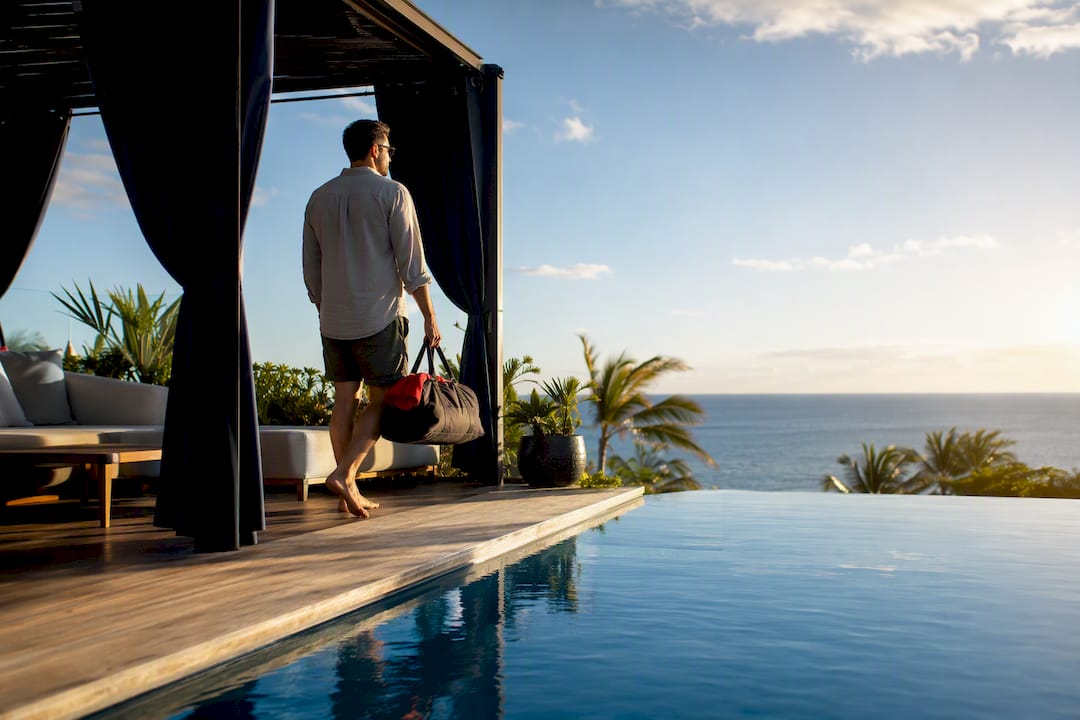 employee arriving at resort pool