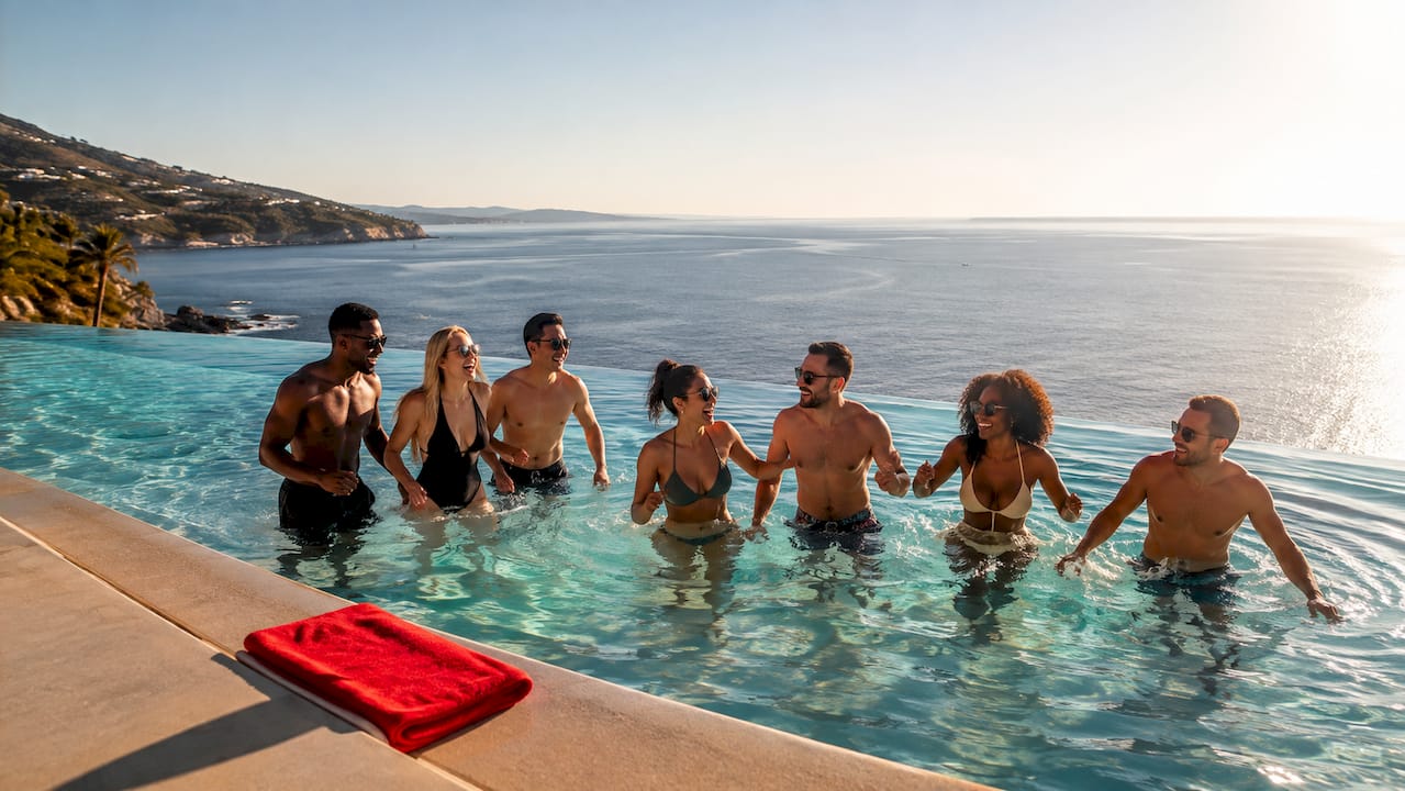 sales team celebrating at resort pool