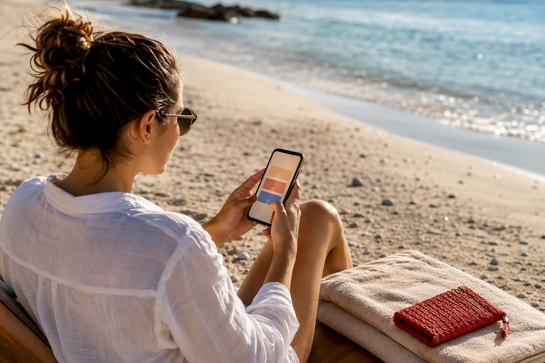 traveler checking flexible voucher beside beach