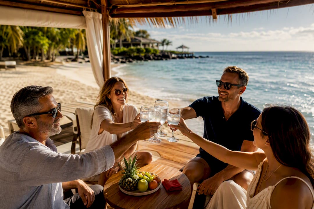 travel auction winners celebrating beside beach cabana