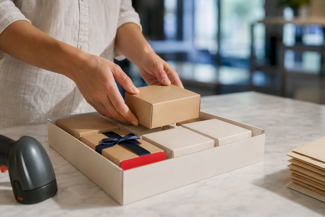 hands preparing corporate travel gift boxes