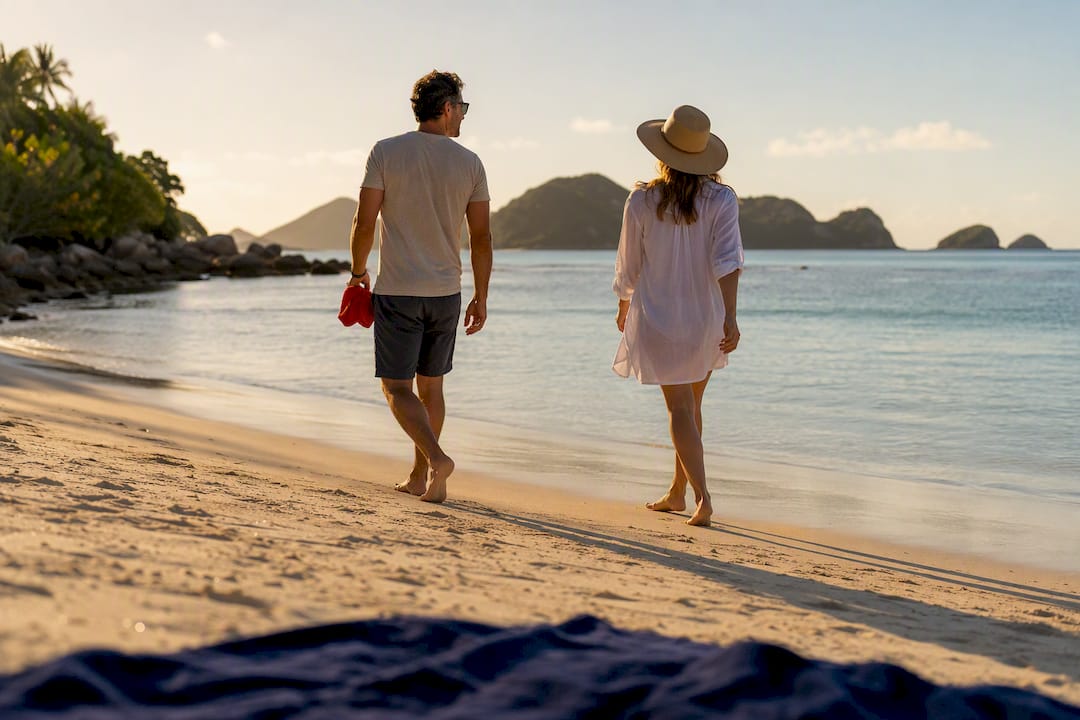 event planners: 7 conference travel prize ideas with 3 to 5 item kit plans 3 winners walking along a resort beach