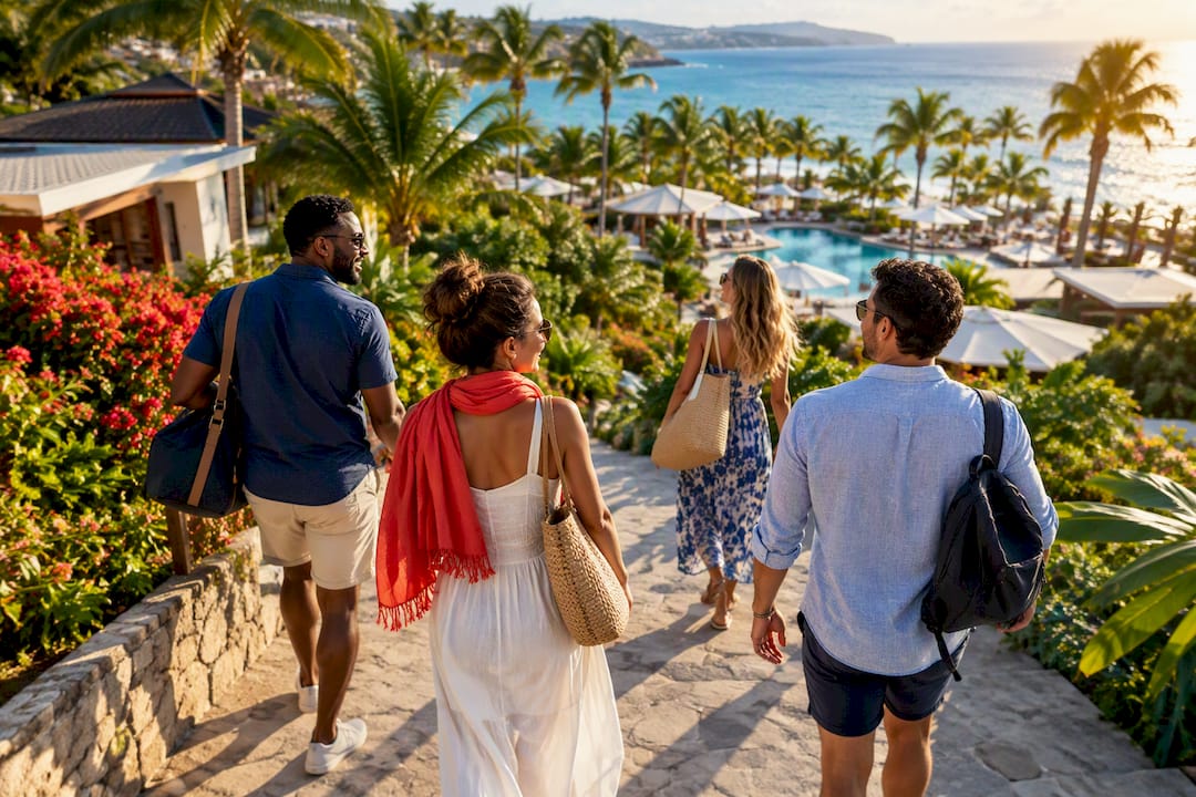 colleagues arriving at a seaside resort together