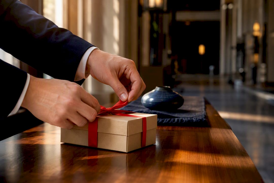 hands presenting a polished client gift box