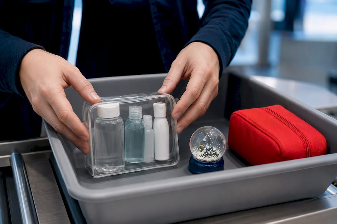 avoid tsa hassle: 10 travel gift presentation ideas that work 3 travel liquids and snow globe in security tray