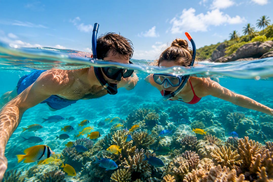 avoid 2.5% fees: honeymoon fund or gift card? etiquette for couples 3 couple snorkeling above tropical coral reef