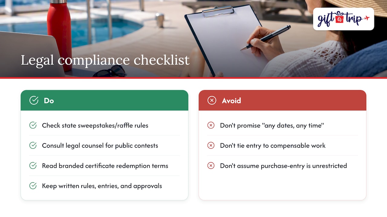 event planners: 10 holiday party travel prizes, flex certificates lead 3 legal considerations and compliance beyond tax — overview diagram