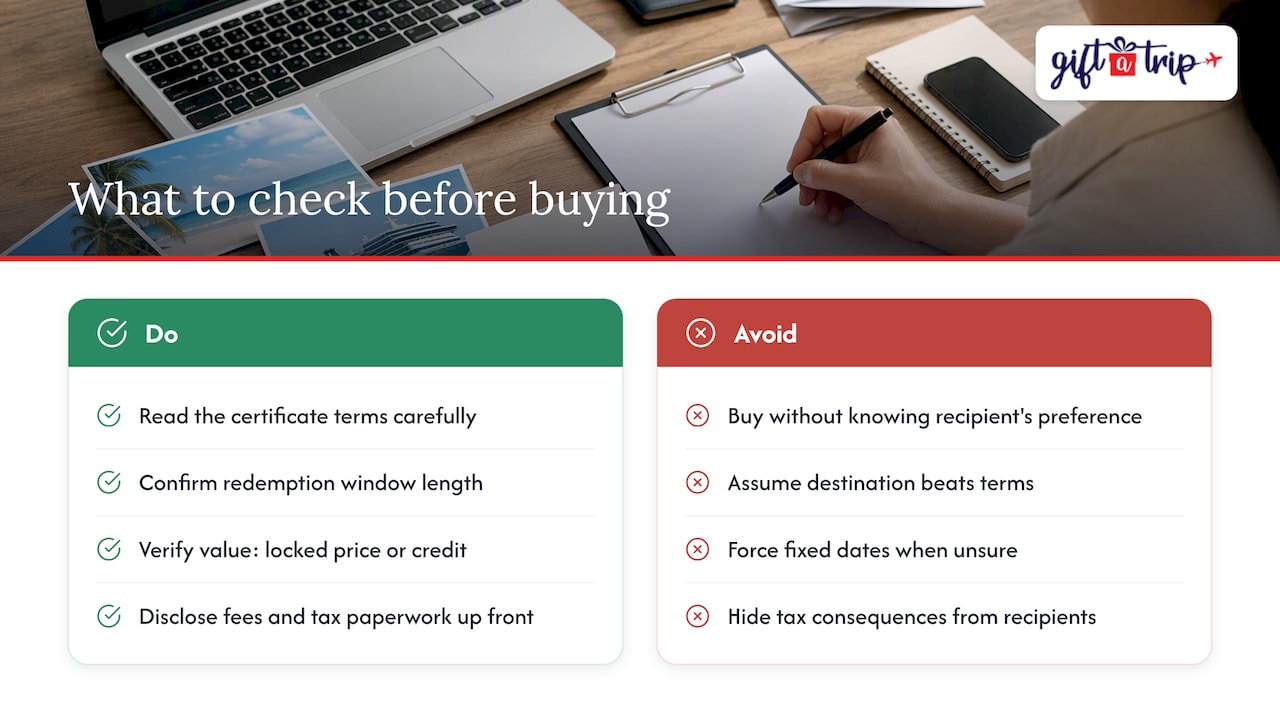avoid tax surprises: flexible date travel certificates for gifts & hr 3 what actually matters when you buy one — overview diagram